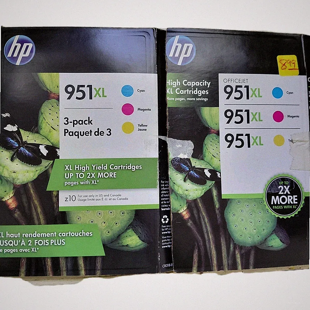 HP 951XL High Yield Cyan Magenta and Yellow Ink Cartridges (Model CR318BN). New